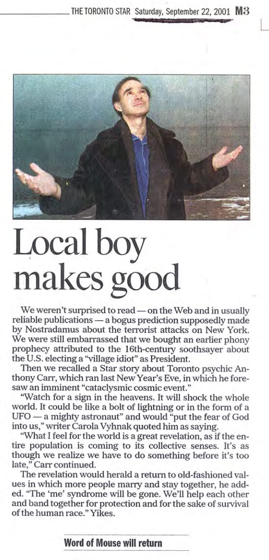 Anthony's 9/11 Prediction in Toronto Star 2